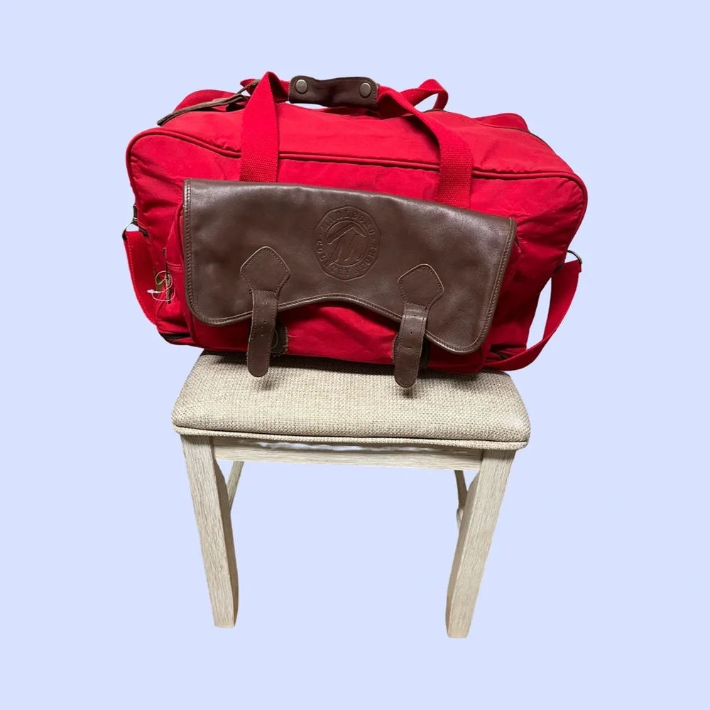 Marlboro Red & Brown Duffel Bag, GUC, clean, missing 2 buckles front flap